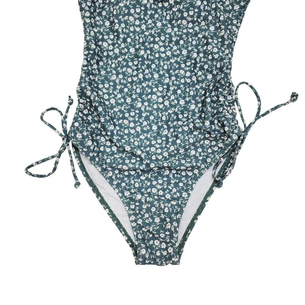 Floral One-Piece Swimsuit Adjustable Side Ties Spaghetti Straps Womens Size XS - Picture 6 of 6
